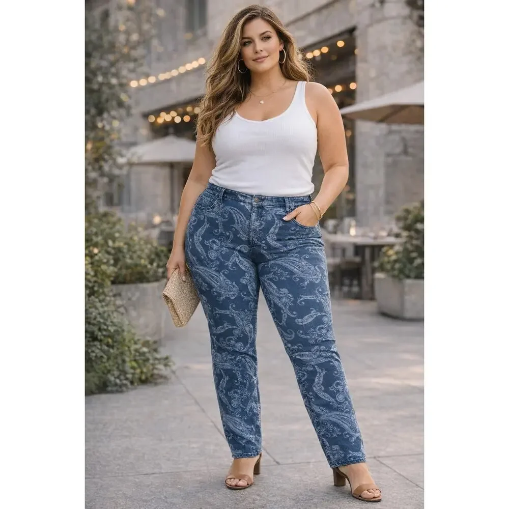 Charter Club Straight Leg Jeans 14W Plus Blue Paisley Print Lexington Stretchy - Picture 1 of 11